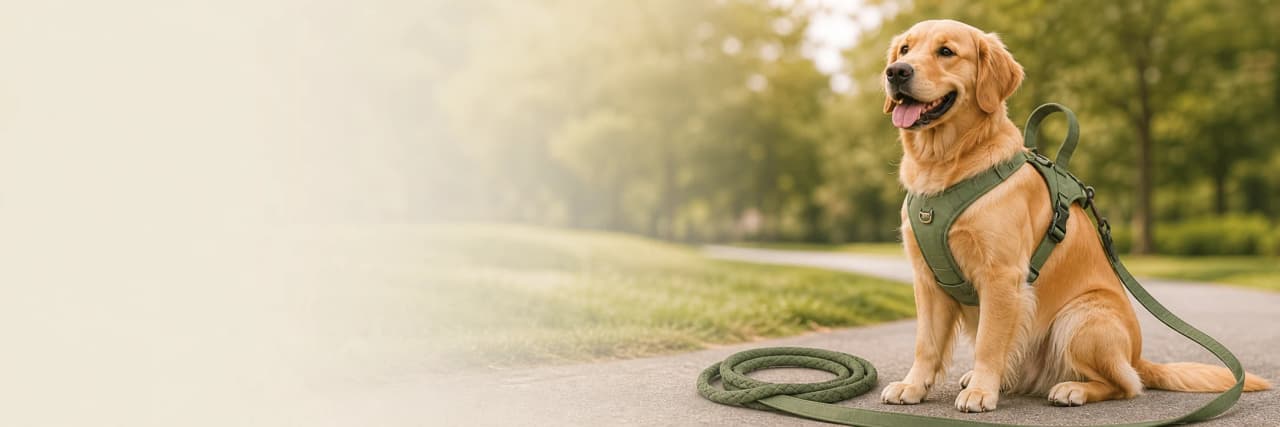 Golden retriever wearing a sage green harness beside a matching leash in a park