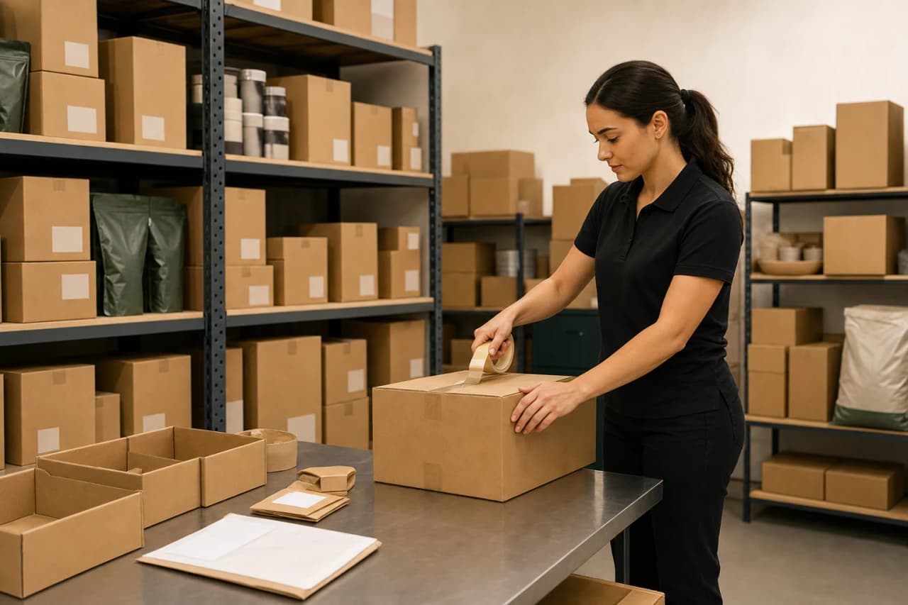 Worker preparing an order in an organized pet products warehouse