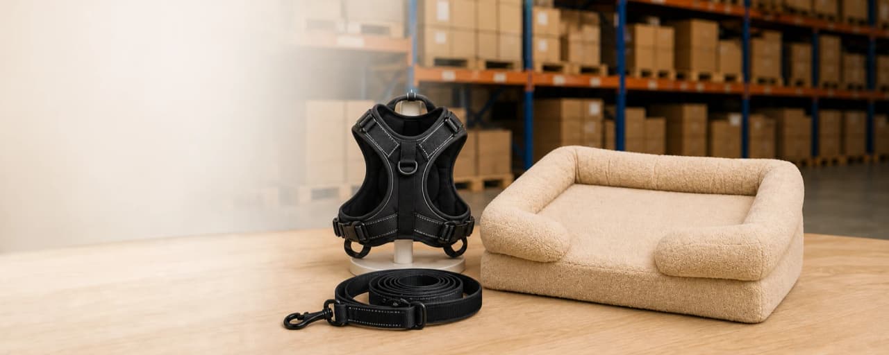 TrailPet GL-2589 black dog harness and matching leash displayed with a GL-5752 beige pet bed