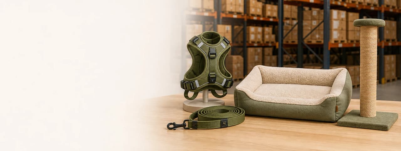 TrailPet harness, leash, pet bed and cat scratching post displayed in a modern warehouse