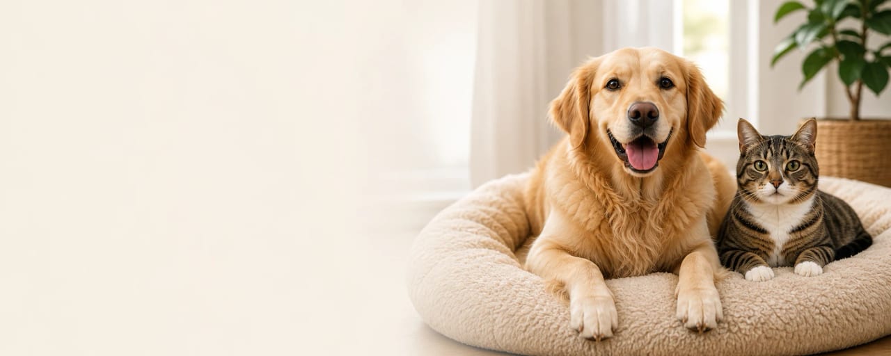 Golden retriever and tabby cat resting together on a cream pet bed