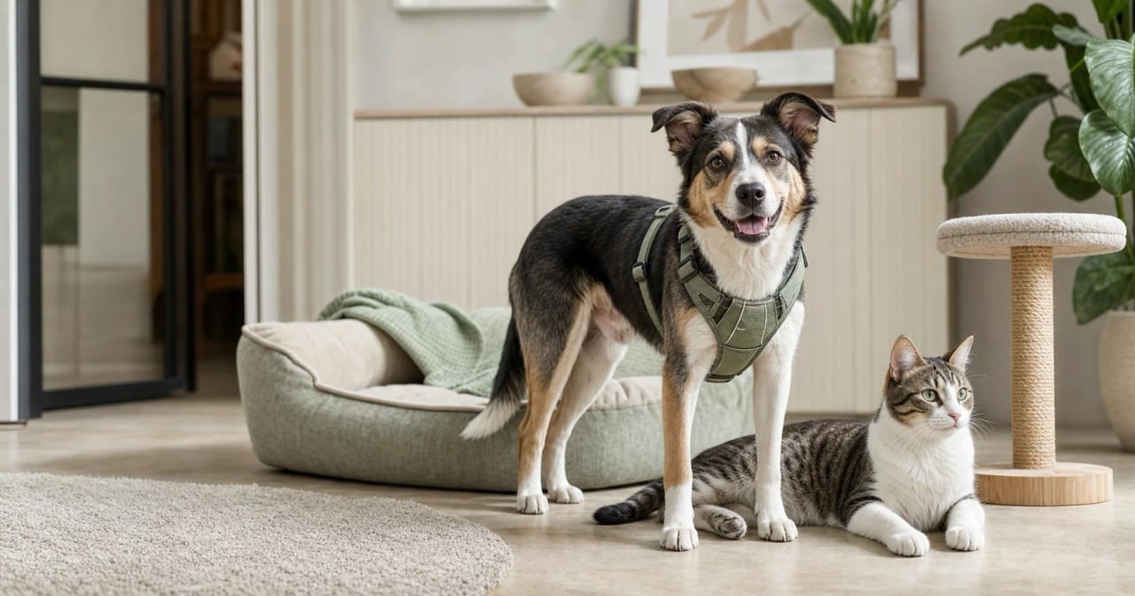 Dog wearing a sage green harness beside a cat, pet bed, and cat scratcher in a modern home