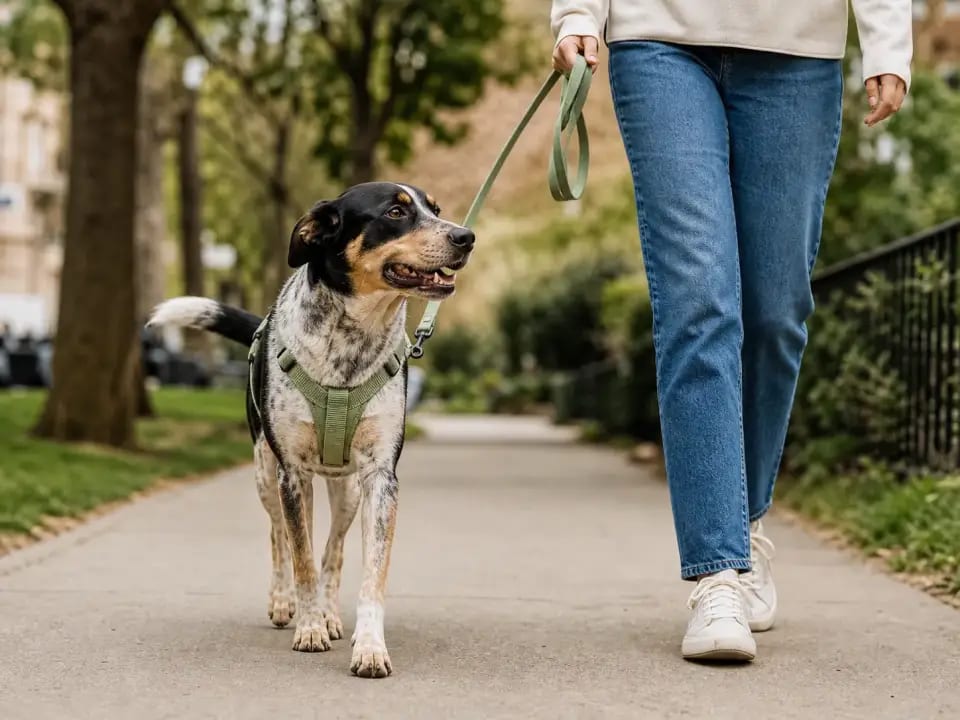 Dog wearing a sage-green padded chest harness