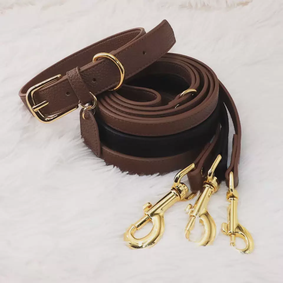 OEM Custom Luxury Personalized Logo Adjustable Pet Plain PU Leather Dog Collar and Leash Set Brown Leash / S