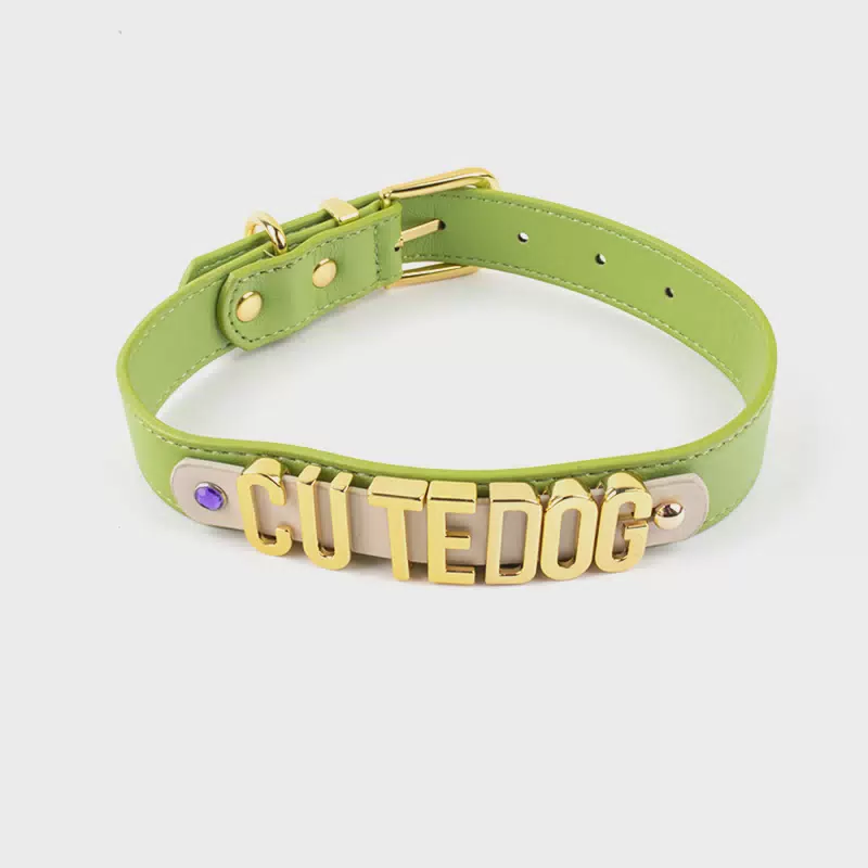 Custom Luxury Anti Lost Pu Leather Dog Name Collar DIY Letter Training Colla Comfort Pets Lead Pu Leather Dog Collar with Tag Green / S
