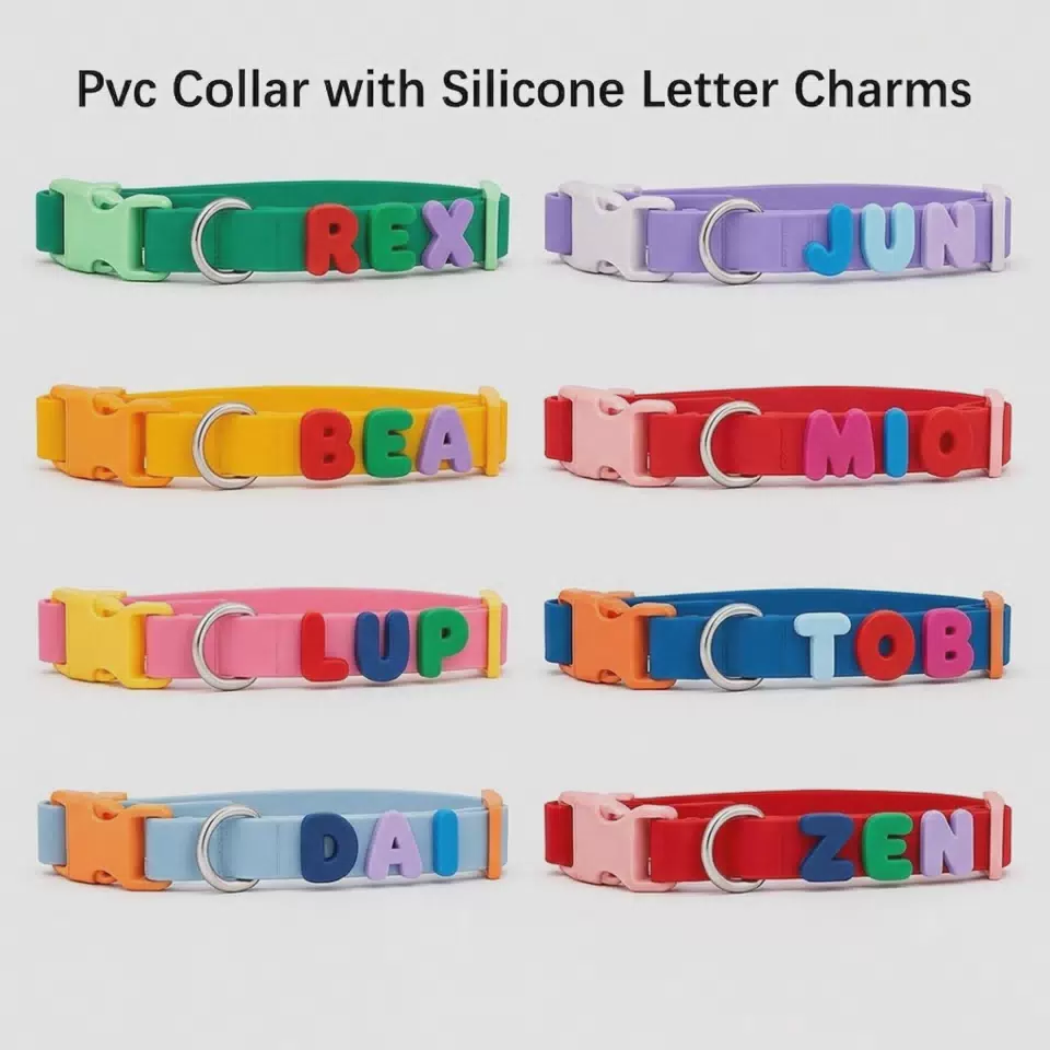 DIY Slide Alphabet Letters Dog Collar Soft Silicone/ Metal Charms Personalized Leather Pet Collar Wholesale custom / XS