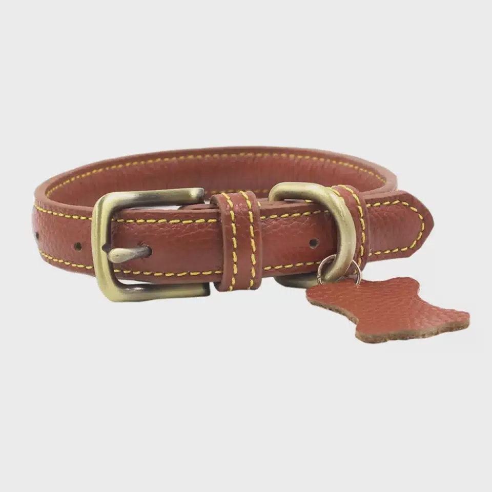 Heavy Duty Solid Pattern Genuine Leather Dog Training Collar Personalized Large Dog Collar with Name Tag Simple Style Brown / S