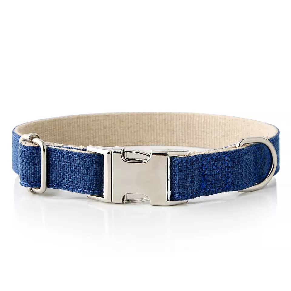 Personalized Cotton-Linen Dog Collar Deep Blue / XS
