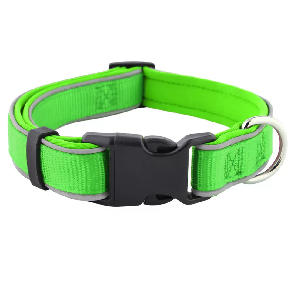 Reflective Neoprene Dog Collar and Leash Bright Green / M