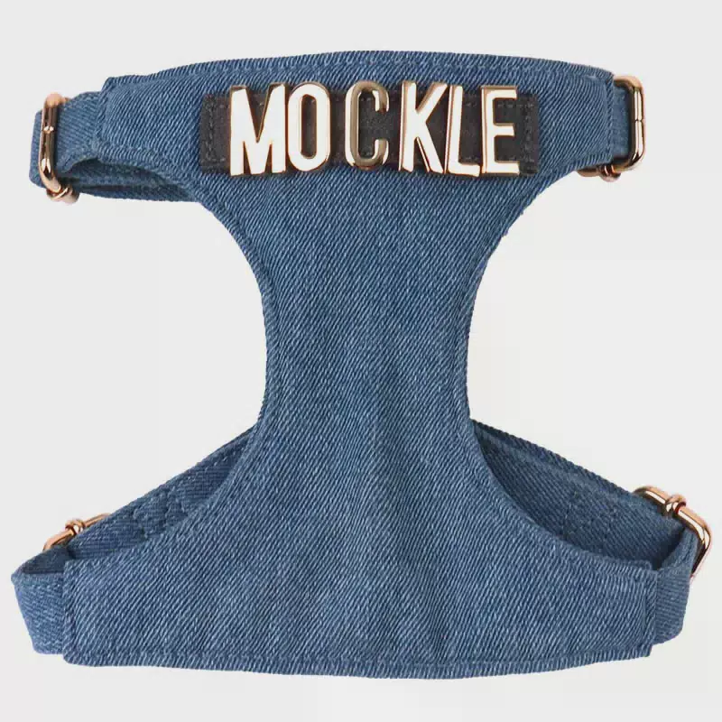 High Quality Diy Metal Letter Buckle Soft Comfortable Printed Denim Luxury Pet Harness Adjustable Dog Harness Blue / XS