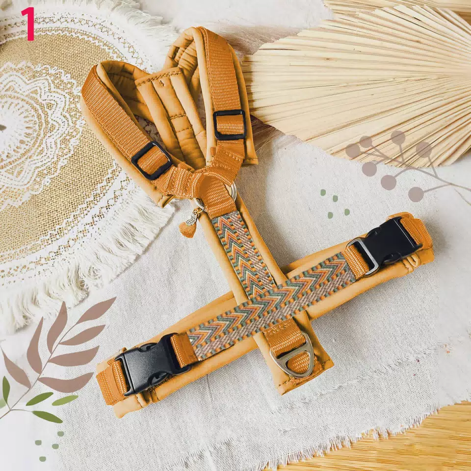 No Pull Neoprene Padded Custom Designer Pet Harness Wholesale Bohemian Dog Clothing Boho Fabric Boho Dog Harness Dark Khaki / XS