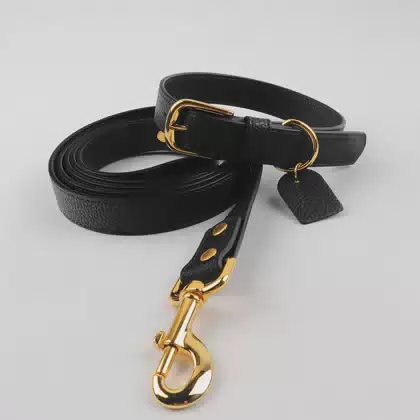 High Quality OEM Vegan Luxury Pet Lead Adjustable Personalized Custom Logo Black Plain Leather Dog Collar and Leash Set