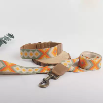 Luxury Durable Genuine Leather Jacquard Nylon Material PET Dog Collar and Leash Set With Bronze Buckle