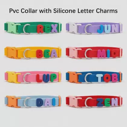 DIY Slide Alphabet Letters Dog Collar Soft Silicone/ Metal Charms Personalized Leather Pet Collar Wholesale