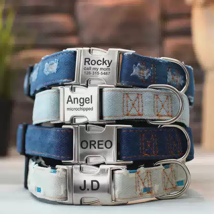 Heavy Duty Personalized Engraved Buckle Denim Dog Collar STYLISH and DURABLE Jeans Style Custom Pet Collars with Name