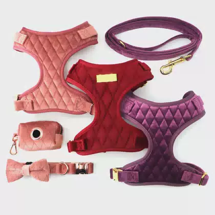 2026 Custom Colors and Patterns Red Velvet Dog Harness Set with Rose Gold Metal Buckles Suit for Puppy Dog
