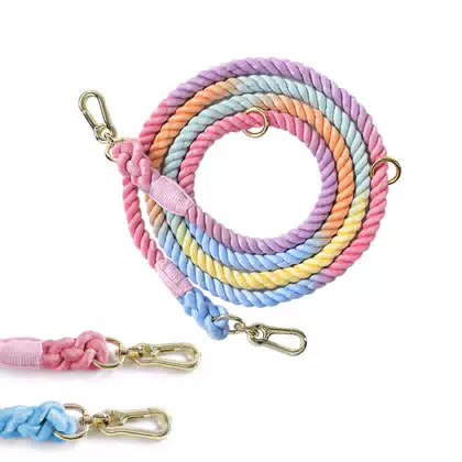 Handmade Dog Harness Leads & Slip Collar Set Rainbow Cotton Rope with Personalized Features Solid Leather Tangle-Free Dog Leash
