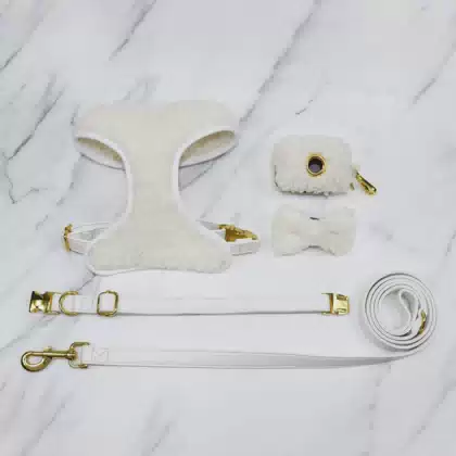 Luxury Double-sided Soft Lamb Fleece No Pull Pet Dog Harness Matching Waterproof PU Leather Collar and Leash