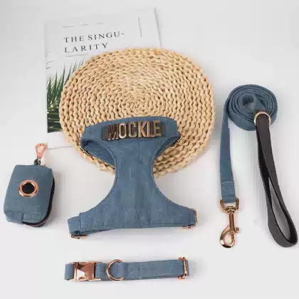 High Quality Diy Metal Letter Buckle Soft Comfortable Printed Denim Luxury Pet Harness Adjustable Dog Harness