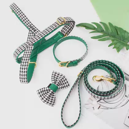 New Design Adjustable Green Pu Leather Thousand Birds Print Pattern Dog Harness Set with PVC Label and Metal Buckle for Puppy