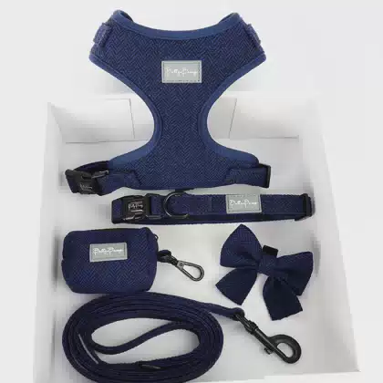 Custom Dog Harness Logo No Pull Tweed / Corduroy / Velvet Harris Collars Pet Harness and Leash Set With Fabric Poop Bag Holder