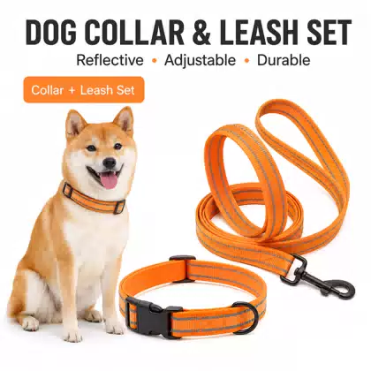 Reflective Luxury Print Dog Collar and Leash Set Adjustable Orange 100% Nylon Walking Collar Leash for Medium Large Dogs