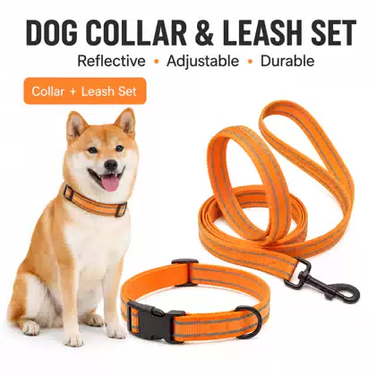 Reflective Luxury Print Dog Collar and Leash Set Adjustable Orange 100% Nylon Walking Collar Leash for Medium Large Dogs
