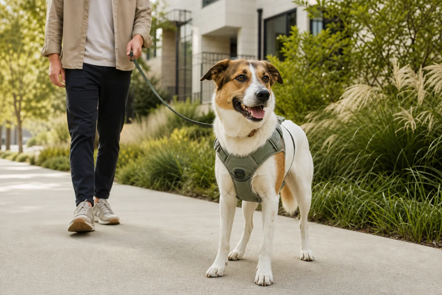 Dog wearing a modern chest harness in a Western residential neighborhood